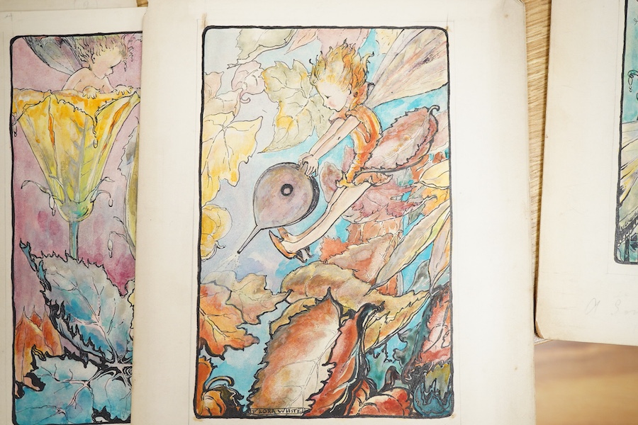 Flora White (Early 20th. C), Set of six original watercolours for childrens' postcard designs, Fairy Songs to include ‘Songs of falling leaves’ and ‘Song of early morning’, each inscribed in pencil, largest 27 x 19cm